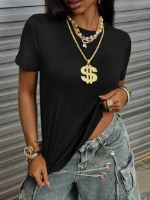 SHEIN Solid Color Basic Short Sleeve T-Shirt For Summer - Black - View 4