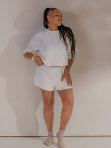 Aralina Curve Sleepwear Fall Winter Brushed Waffle T-Shirt And Short Two Pieces Loungewear Set - Apricot - View 6