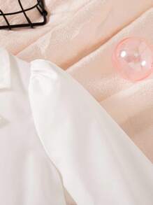 Elladie kids 1件年轻女孩2025春秋新款翻领半开前泡泡袖腰线V型小众设计凸起丝带装饰蛋糕下摆简约奢华高腰A字派对生日表演优雅公主裙 - 白色 - 查看 7