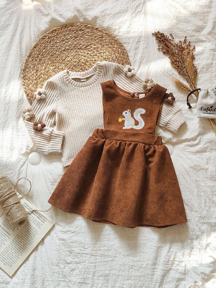 SHEIN Vintaside Kids 女婴可爱刺绣松鼠图案长袖上衣和连衣裙,背带裙秋季服装,可爱甜美,适合秋冬各种场合 - 棕色 - 查看 1
