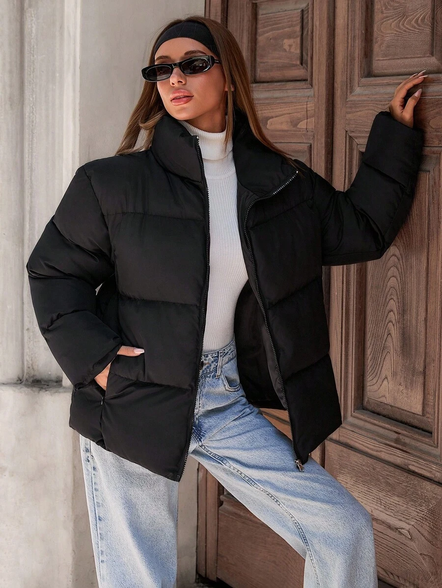 EURMUSE Damen, Winter, Schnee, Leichtgewicht, Warmhalten, Winterbeschichtet, Regular Fit, Regular Länge, Reißverschluss Pufferjacke Schwarze Pufferjacke Damen Damen Winterjacken Oversized Pufferjacke Winterjacke Damen - Schwarz - Übersicht 1