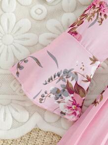 SHEIN Young Girl Pink Printed Bell Sleeve Pleated Princess Dress - Pink - View 4