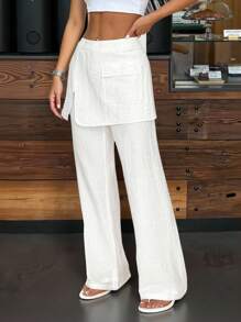 SHEIN EZwear 白色梭织女式工装口袋拼布喇叭长裤 - 白色 - 查看 6