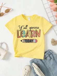 SHEIN 返校可爱铅笔印花休闲薄荷绿短袖T恤，适合年轻女孩 - 黃色 - 查看 4