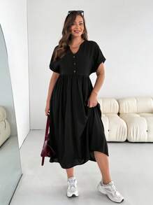 SHEIN Essnce 大码女式休闲宽松连衣裙，夏季短袖连衣裙，宽松舒适连衣裙，带口袋连衣裙，女士休闲连衣裙 - 黑色 - 查看 3