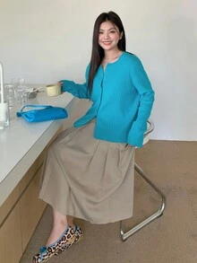 Dazy Plus 2pcs/Set Plus Size Women Solid Color Fitted Short Knitted Cardigan & Camisole Sweater Set, Spring/Autumn - Blue - View 7