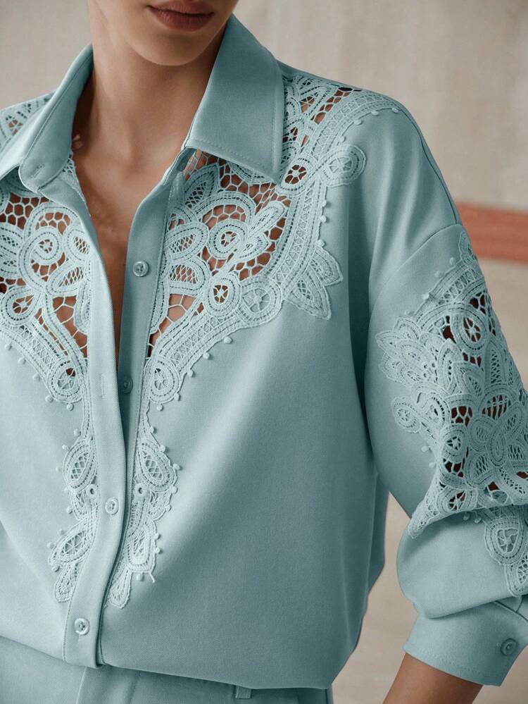 CONTRAST LACE BUTTON UP TOP & SLANT POCKET PANTS OUTFIT
