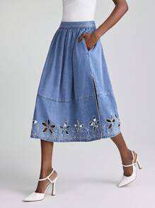 Selenza Chân váy denim chữ A thêu hoa rỗng thoải mái cho nữ - Rửa trung bình - Xem 8