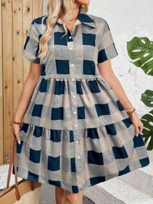 Vestido casual de vacaciones de mujer de manga corta a cuadros - Azul y blanco - Ver 3