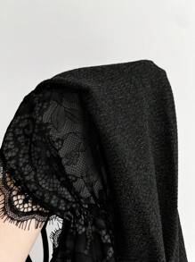 SHEIN LUNE 褶饰蕾丝拼接二合一吊带背心，休闲度假优雅户外穿搭背心，女士黑色蕾丝吊带背心，可爱黑色上衣，黑色紧身胸衣上衣，黑色 Y2k 上衣 - 黑色 - 查看 4