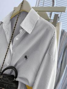 INAWLY 大码休闲通勤条纹长袖衬衫 - 灰色 - 查看 7