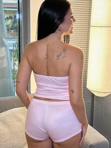 Lucia Bellido 女士休闲条纹蝴蝶结装饰短款上衣和短裤 2 件套，夏季 - 粉色 - 查看 2