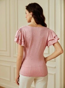 SHEIN Clasi Women's Elegant Top With Foil Printing And Ruffle Sleeves - Pink - View 2