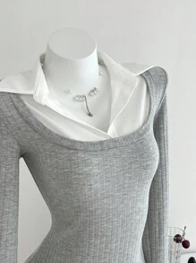 Elamini Damska koszula 2 w 1 z długim rękawem i swobodnym krojem patchworkowym - Szary - Zobacz 5