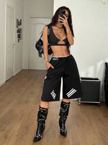 Coolane 女士性感纯色镂空超短吊带背心，夏季 - 黑色 - 查看 2