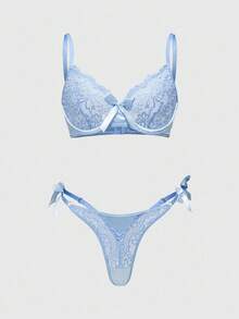 ROMWE Kawaii 可爱蕾丝睫毛蝴蝶结钢圈文胸和丁字裤内衣套装，性感 - 藍色 - 查看 1