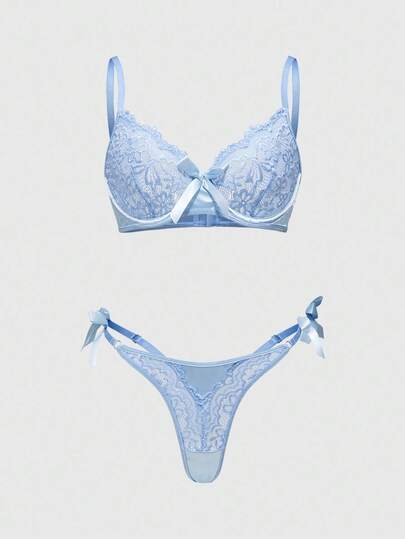 ROMWE Kawaii 可爱蕾丝睫毛蝴蝶结钢圈文胸和丁字裤内衣套装，性感