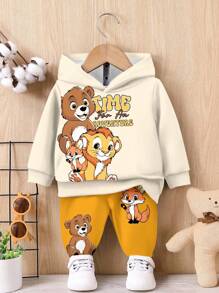 SHEIN 男婴休闲宽松舒适卡通动物可爱风格狮子熊运动图形字母印花涂鸦针织柔软连帽卫衣和裤子套装，适合秋冬季 - 彩色 - 查看 2