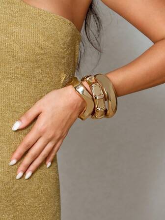 CUCCOO SZL 3 Stücke/Set modischer minimalistischer goldener geometrischer Wellen-Bambus-Knoten asymmetrisches Armband Set, geeignet für Frauen, dickes einfaches Metall- und Zinklegierung-Material Armband Set