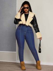 EURMUSE Plus Size Elastic Jeans With Symmetrical Split Design, Skinny Fit Vacation Navy Blue Summer Casual - Medium Wash - View 5