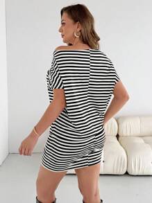 SHEIN Essnce Váy thường ngày cỡ lớn dành cho nữ, Váy trễ vai, Váy mùa hè dành cho nữ, Váy xòe, Váy kẻ sọc - Đen và trắng - Xem 2