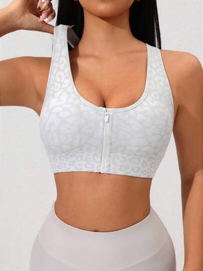 Women Leopard Jacquard Front Zipper Sports BH view 3