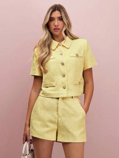Enchnt Fall/Winter Romantic Women's Yellow Floral Beads Tweed Button Short Sleeve Single-Breasted Elegant Jacket,Sweet&Elegant&Fashionable For Vacation&Date&Holiday&Birthday&Party&Graduation&Wedding Guest&Office&Going Out,Back To School,Fall Jackets For Women,Autumn Clothes
