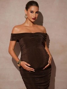 MaterniChic Autumn And Winter Elegant Maternity Off-Shoulder Color Block Patchwork Fishtail Dress - Brown - View 9