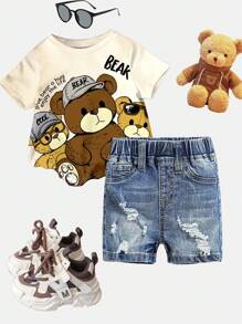 SHEIN Pantalones cortos elásticos de mezclilla azul desgastados y rasgados con estilo callejero vintage para niños, para el otoño, para el streetwear de bebé, de vuelta a la escuela - Azul lavado medio - Ver 1
