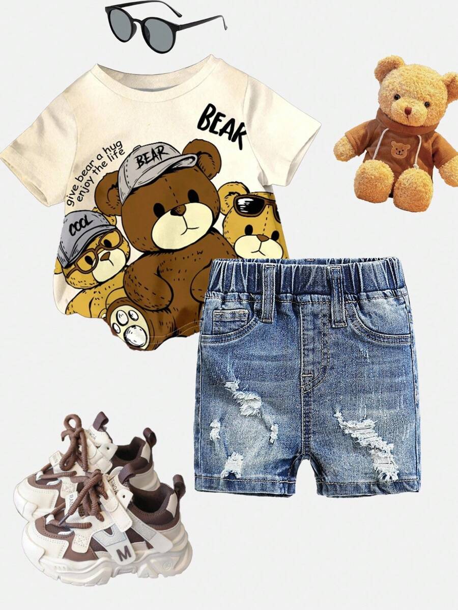 SHEIN Pantalones cortos elásticos de mezclilla azul desgastados y rasgados con estilo callejero vintage para niños, para el otoño, para el streetwear de bebé, de vuelta a la escuela - Azul lavado medio - Ver 1