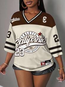 Slaydiva 休闲简约棕色字母数字图案女式T恤，适合夏秋季 - 彩色 - 查看 5