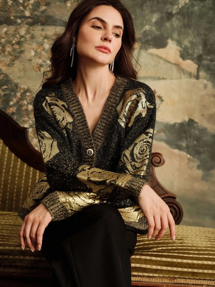 Women's Elegant Floral Pattern Front Button Cardigan