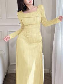 Modelyn 女士纯色方领长袖纹理修身优雅阿拉伯风格连衣裙长款晚礼服 - 黃色 - 查看 3