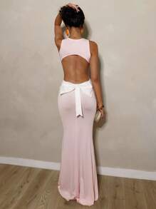 Glamine Vacay Vibes SummerHoliday  Bow Decor Backless Sleeveless Maxi Dress For Women, Summer - Pink - View 2