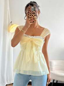 Chiquease Women's Summer Pleated Splice Sequin Ribbon Chiffon Camisole Creamy Yellow Clothes For University - Yellow - View 3