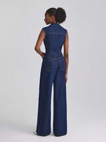 SHEIN VaVaLuxe Women's Button Half-Placket Pocket Floral Embroidered Wide-Leg Jumpsuit - Dark Wash - View 2