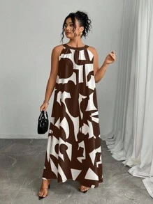 SHEIN Plus Size Women's Elegant All-Over Print Loose Halter Dress, Summer - Brown - View 4