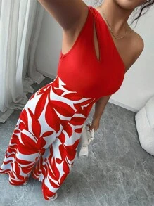 Elenzga Bộ đồ liền thân ống rộng in họa tiết vá vai chéo dành cho nữ - Đỏ - Xem 6