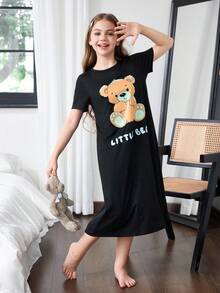 SHEIN 卡通熊印花長款睡袍 女孩睡袍 青少年女孩睡袍 小女孩睡袍 女孩睡裙 熊圖案睡衣裙 - 黑色 - 查看 3