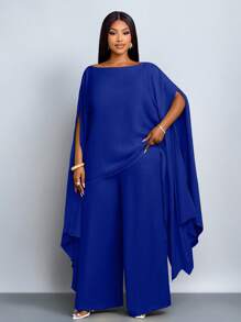 SOLERSUN Plus Size Women's Spring And Summer Fashion Solid Elegant One-Shoulder Fashion Exquisite Short Sleeve Asymmetrical Hem Cape Shirt Top And Straight Loose Wide-Leg Trousers Suit, Two Pieces Suit, Casual Loose Holiday Suit Fall Cloth For Women