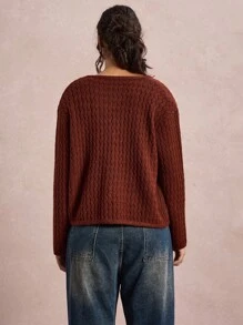 SHEIN VCAY Metal Buckle Knitted Women Cardigan Sweater, Round Neck Pockets, Autumn/Winter - Burgundy - View 2