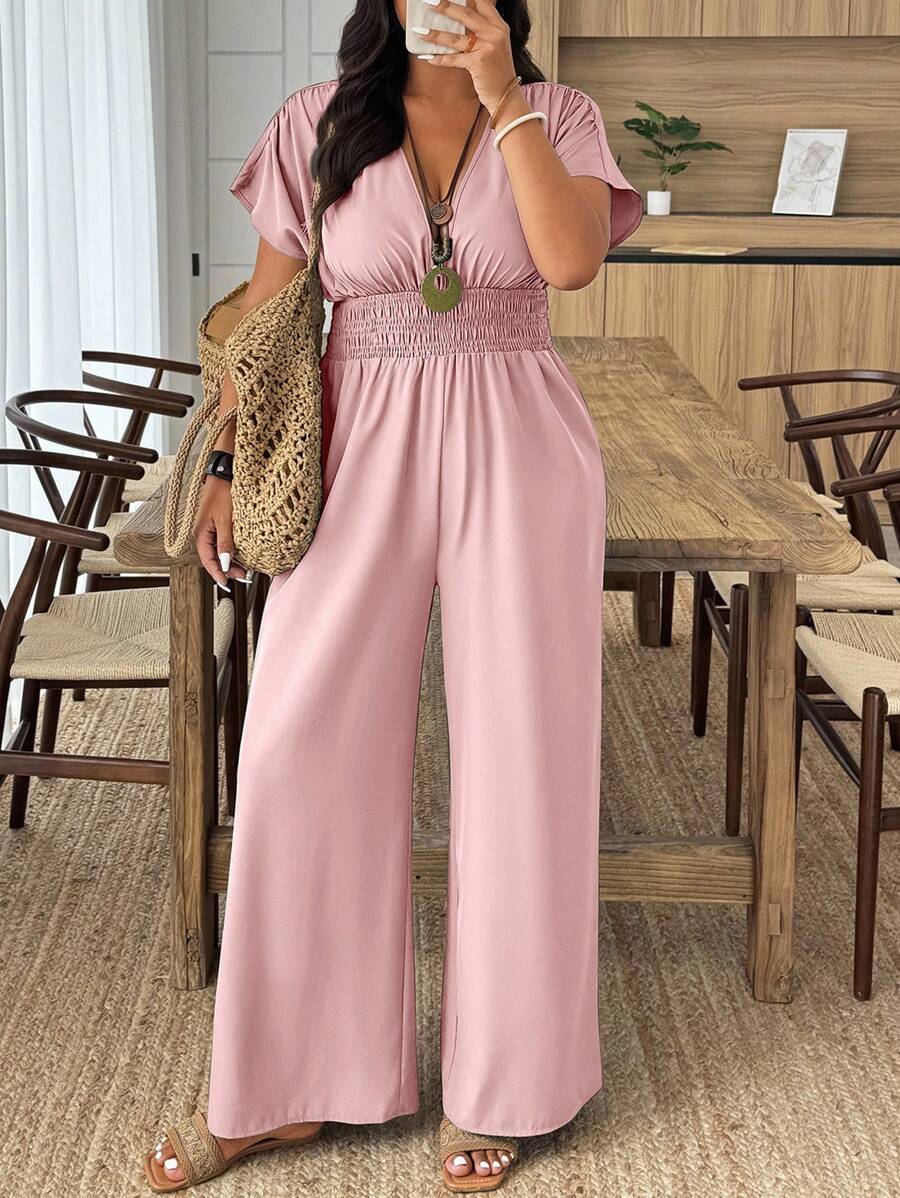 EMERY ROSE 大码夏季简约优雅纯色束腰连体裤 - 粉色 - 查看 1