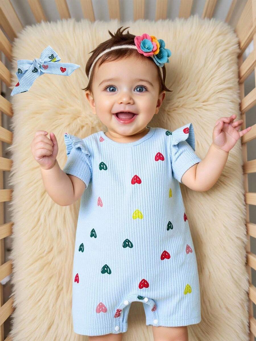 SHEIN Baby Girls' Comfortable Printed Romper, Summer - Blue - View 1