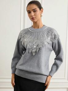 Zanirela Elegant Feather Embellished Beaded Pullover Sweater, Sophisticated Design, Chic & Graceful - Grey - View 4