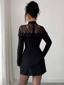 Siren Gaze Women's Elegant Ruched Waist Lace Patchwork Long Sleeve Bodycon Dress, Black Black Lace Dress Long Sleeve Black Dress High Neck Black Dress Black Mini Dress Black Cocktail Dress,Wedding Guest Dress Women Winter Evening Dress Party Black Spring - Black - View 2