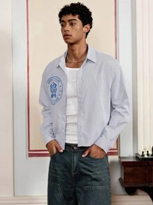 Manfinity VCAY Men's Casual Floral, Letter & Striped Print Long Sleeve Loose Fit Shirt, Spring/Autumn - Multicolor - View 3