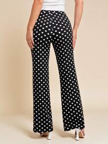 SHEIN Tall CURVE Plus Size Women's Autumn New Vintage Polka Dot Black & White Print Stretch Knit Pants, Versatile For Daily, Commuting And Multi-Occasion Wear Polka Dot Pants High Waisted Pants - Black - View 2