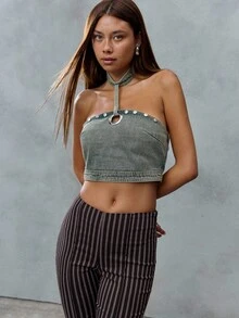TypaGal Áo denim hở lưng hở vai gợi cảm cho nữ, mùa hè - màu xanh lá - Xem 1