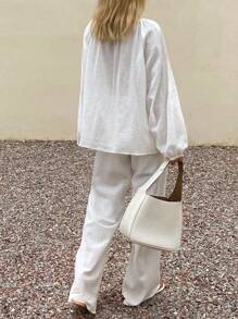 Livesso 女士圆领宽松休闲上衣和裤子两件套，纯色波西米亚风 - 白色 - 查看 2