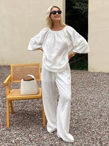 Livesso 女士圆领宽松休闲上衣和裤子两件套，纯色波西米亚风 - 白色 - 查看 5
